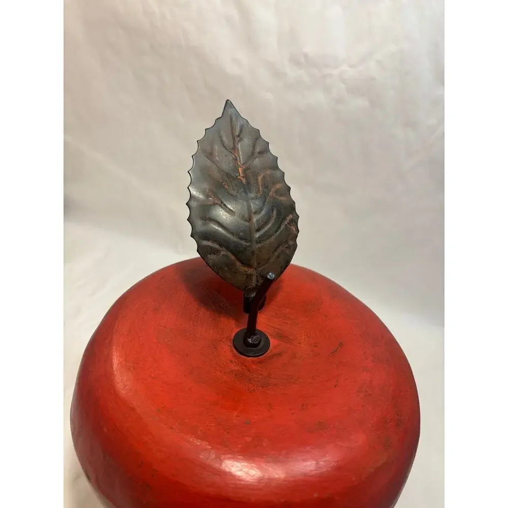 Large Red Wood Apple Hand turned Sculpture w/ Iron Leaf Distressed Finish
